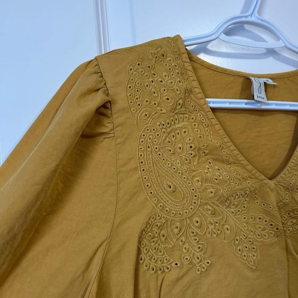 Joie Mustard Embroidered Blouse with Puff Sleeves Button Cuffs - Picture 6 of 10